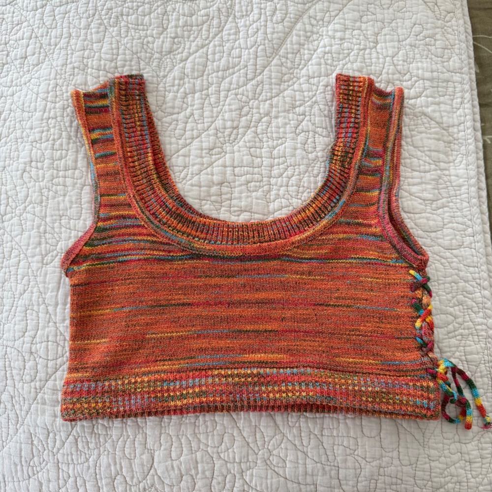 Kerisma Multicolor Space Dye Knit Crop Tank Lace Up Y2K Boho Festival Top S